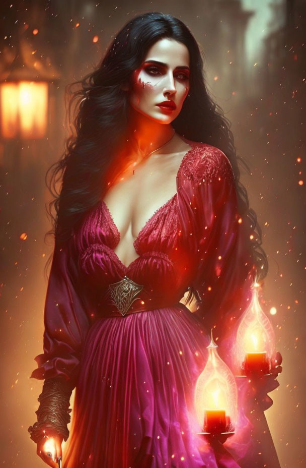 Elaborate red and purple fantasy costume with glowing lanterns