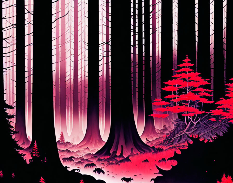 Surreal Forest with Dark Trees and Luminous Foliage