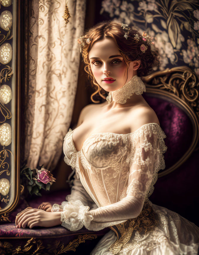 Victorian-era lady in ivory dress with flowers by window