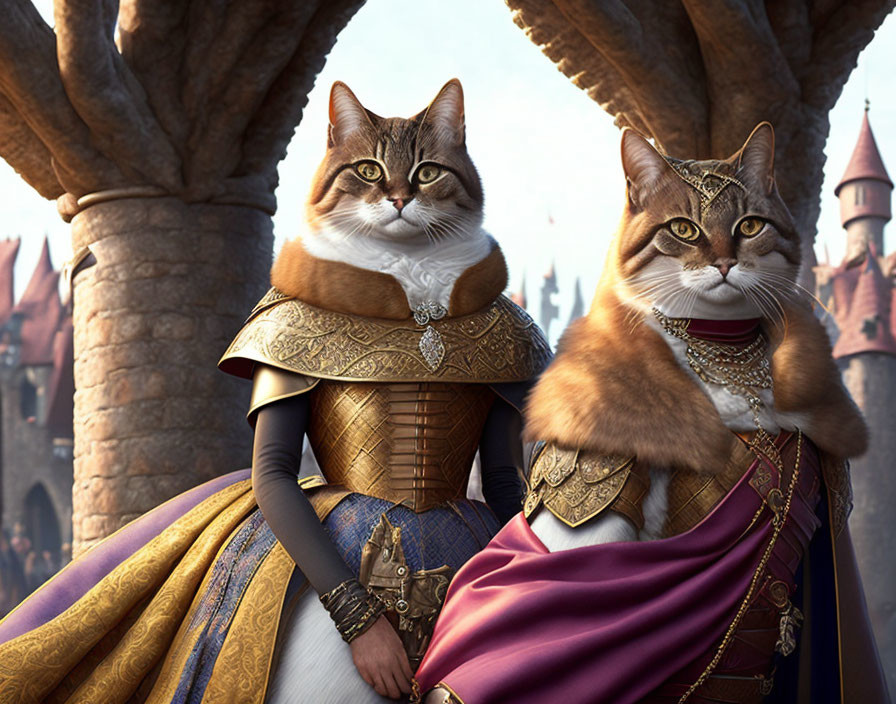 Animated cats in royal medieval armor and clothing before castle backdrop