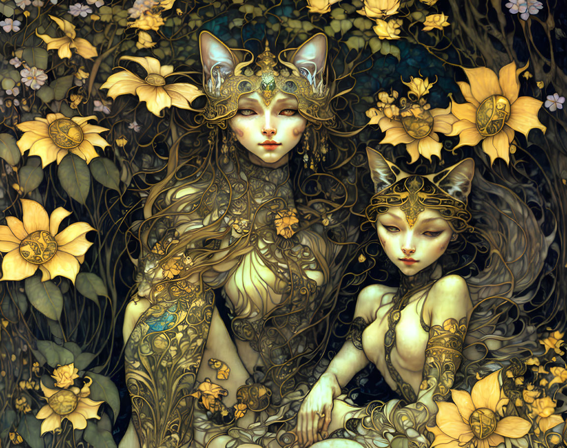 Ethereal feline figures in gold with yellow flowers and dark foliage