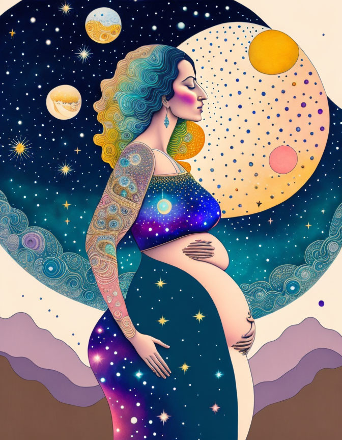 Pregnant woman with celestial bodies and cosmic patterns on starry background