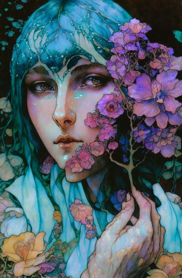 Ethereal blue-skinned figure with floral adornments on dark background