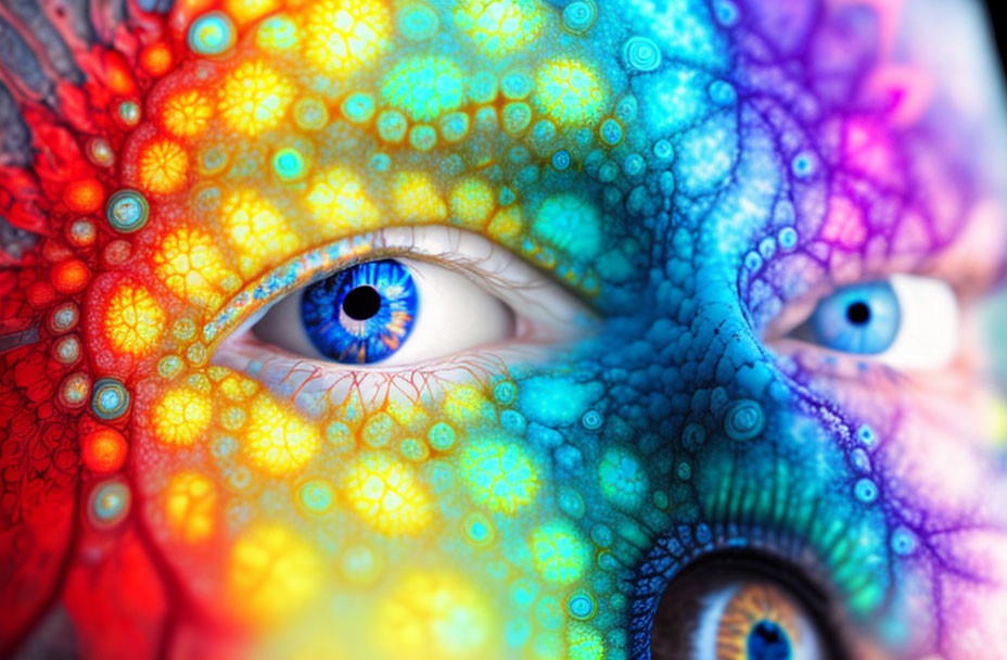 Colorful Face Close-Up with Multicolored Patterns and Blue Eyes