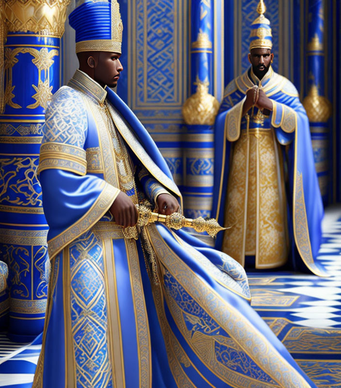 Regal Figure in Blue and Gold Robes in Luxurious Hall