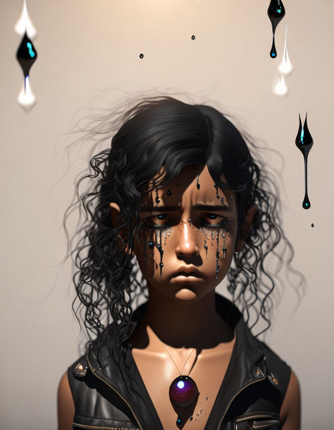 Sad child digital portrait with black tears and pendant in dark aesthetic