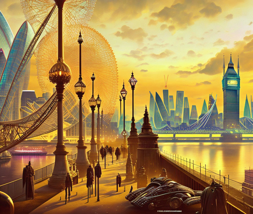 Futuristic London sunset with historical and sci-fi blend