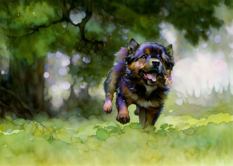 Dark-furred fluffy dog running in sunlit forest with green foliage