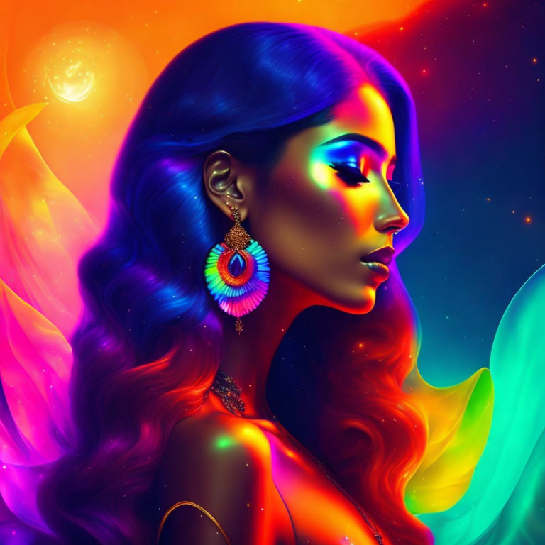 Woman profile with vibrant cosmic hair and dreamcatcher earring.