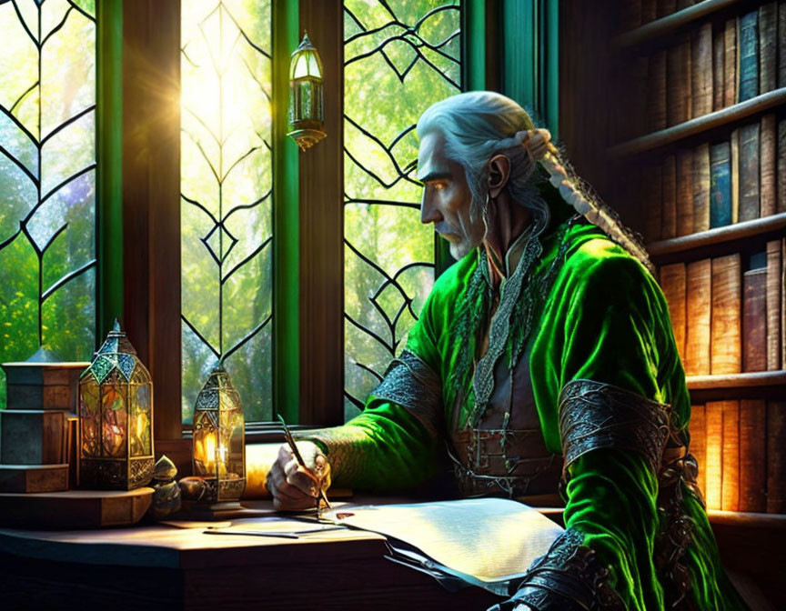 Elf with long white hair writing at desk in green robes by lush forest