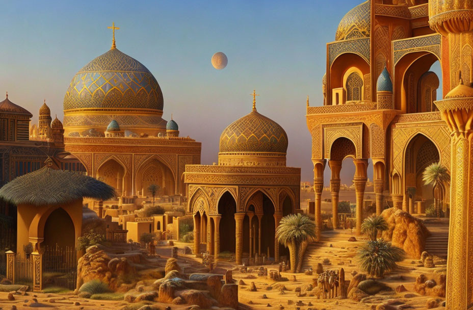 Golden-domed desert cityscape with palm trees and moonlit sky