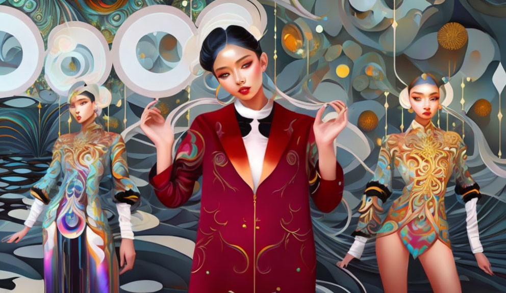 Surreal colorful setting with stylized women in futuristic Eastern-inspired outfits