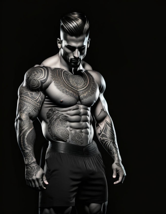 Muscular man with chest and arm tattoos in dark background