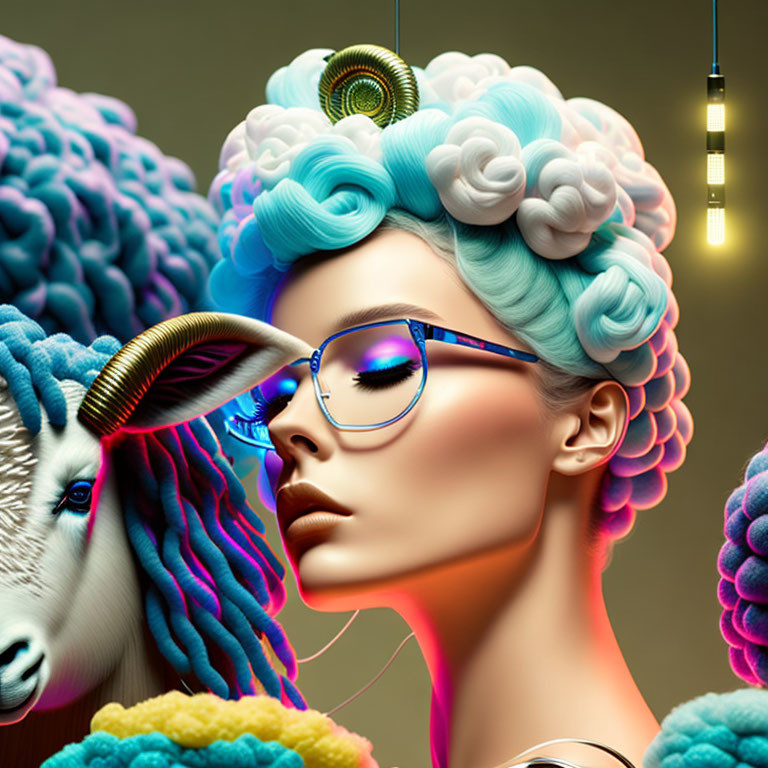 Surreal portrait of woman with blue ram horn hair and whimsical lighting