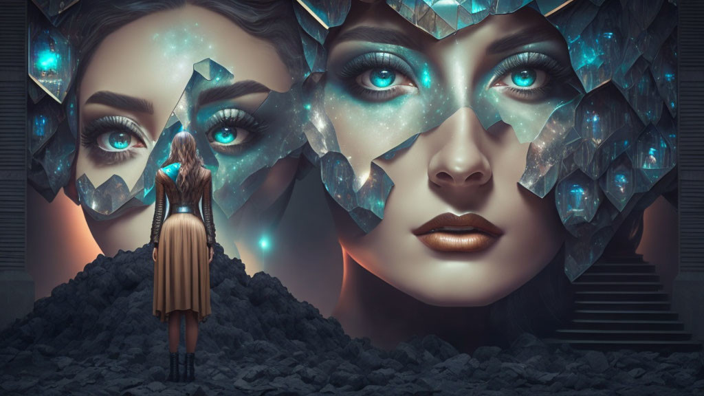 Woman gazes at colossal female face artwork with crystal formations and cosmic eyes against structured backdrop