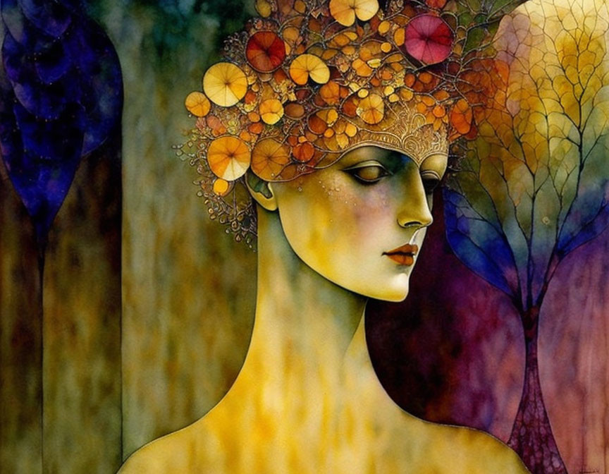 Woman with Tree-Like Headdress and Autumn Leaves Illustration