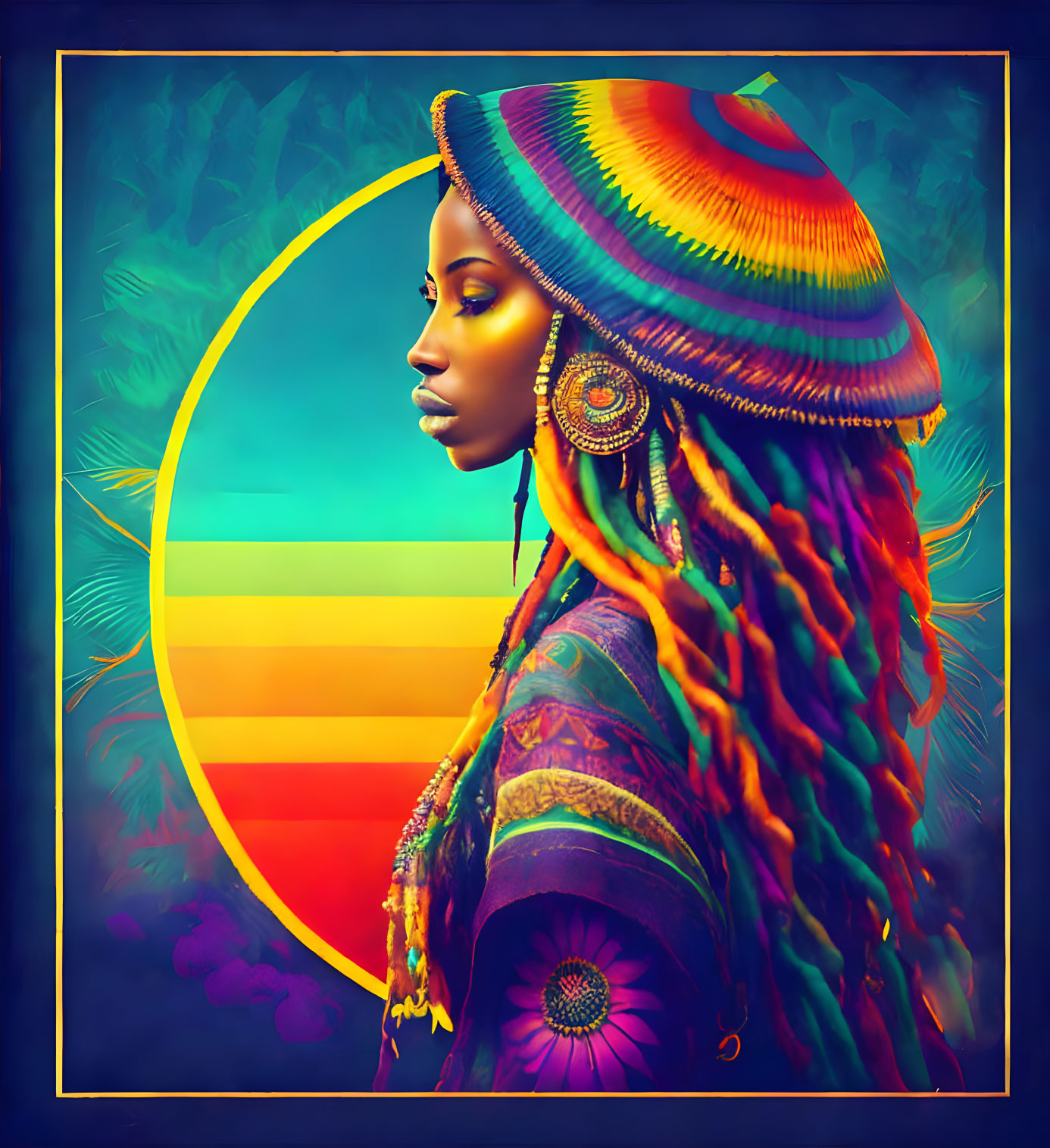 Colorful Woman Profile with Tropical Rainbow Circle