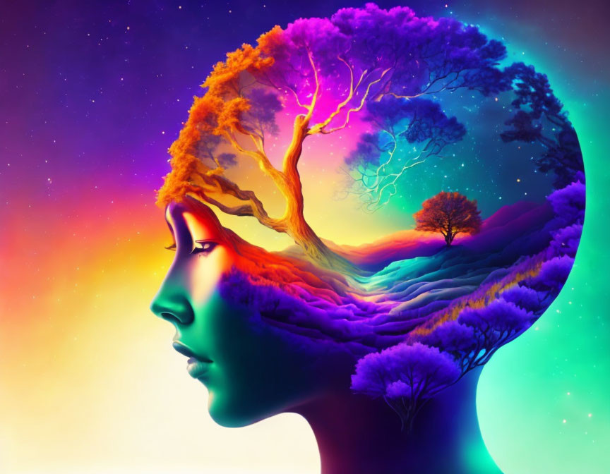 Digital artwork: Female profile merges with seasonal tree branches on cosmic backdrop