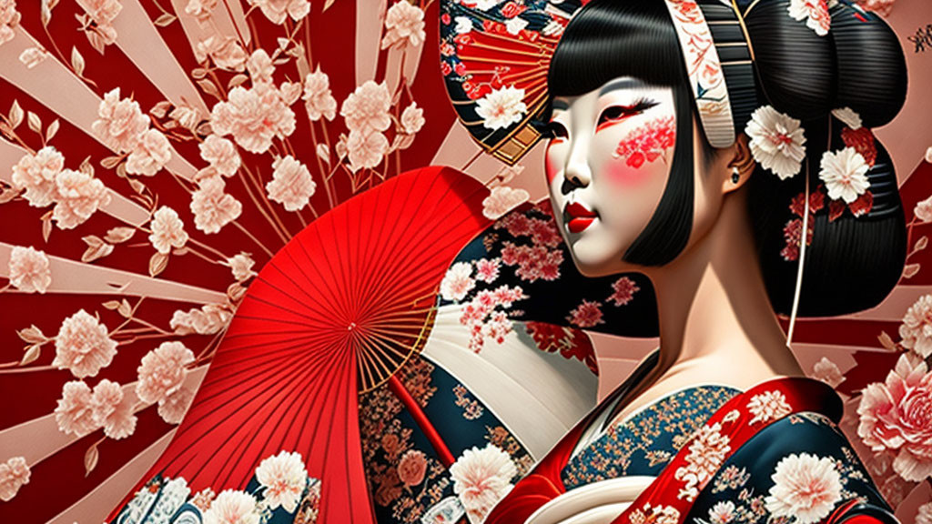 Vibrant digital artwork of a Japanese geisha with fan and cherry blossoms