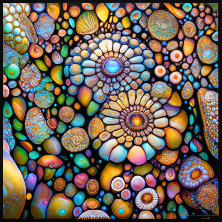 Vibrant abstract painting with intricate circular patterns