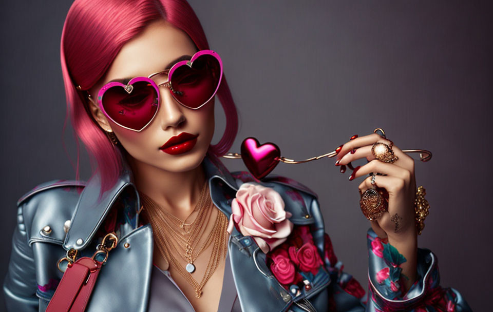 Pink-haired woman in heart sunglasses with rose and lollipop, blue leather jacket.