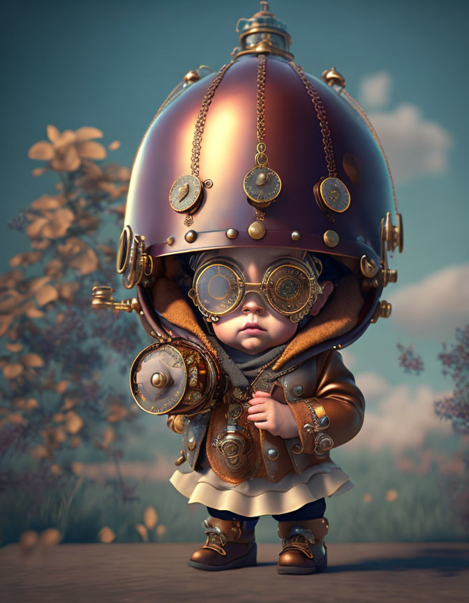 Child in Steampunk Outfit with Goggles and Bronze Helmet in 3D Illustration