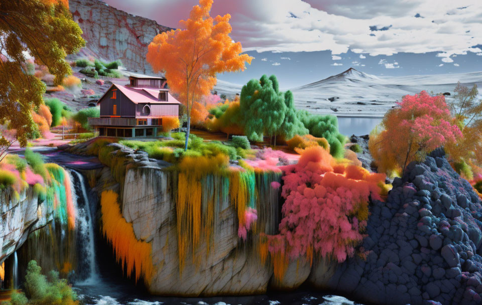 Vibrant house on multicolored waterfall in surreal landscape