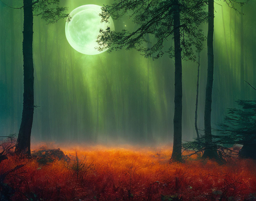 Enchanted forest with green moon, fog, tall trees, and orange undergrowth