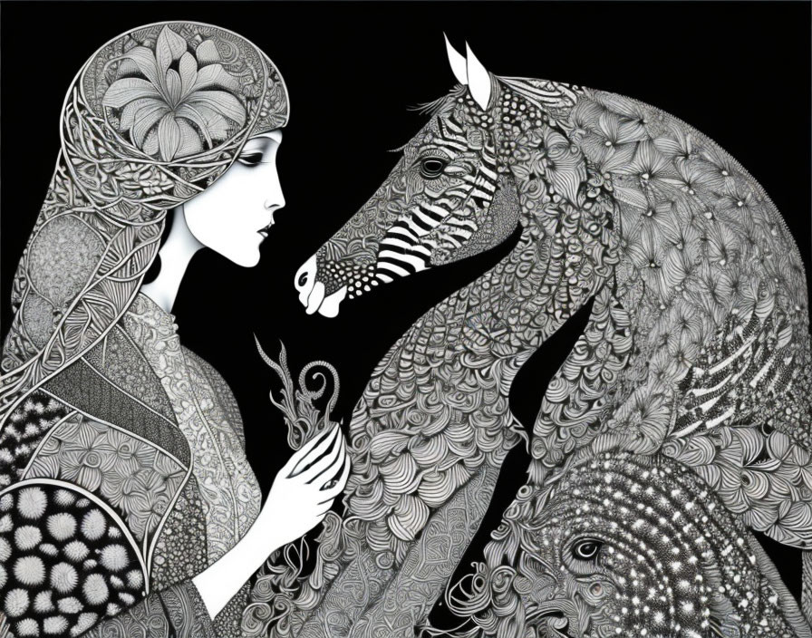 Intricate black and white patterns of woman and horse in ornate attire