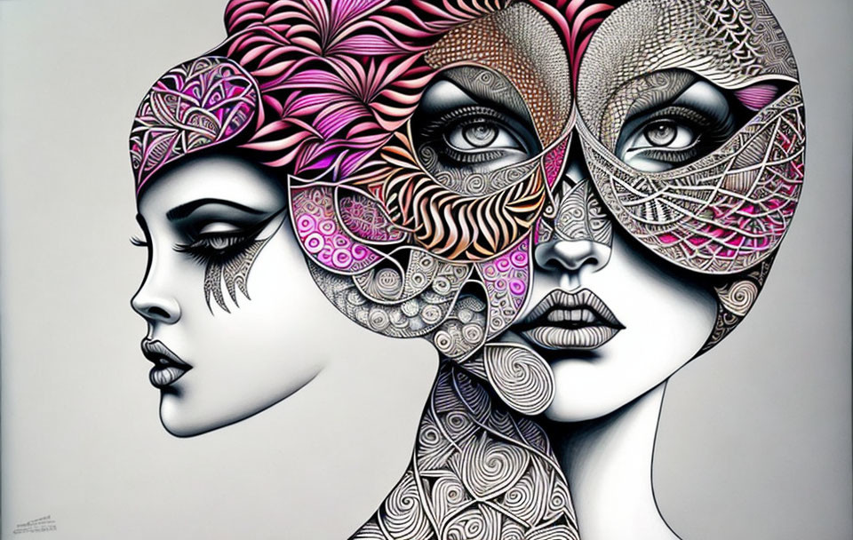 Stylized Female Faces with Black and Pink Patterns on Gray Background