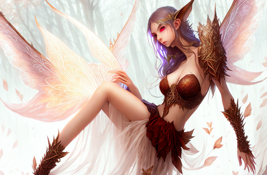 Fantasy winged female character in golden armor in ethereal forest