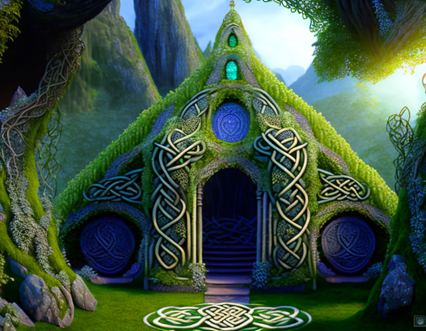 Fantasy illustration of foliage-covered house with Celtic knot designs in enchanted forest