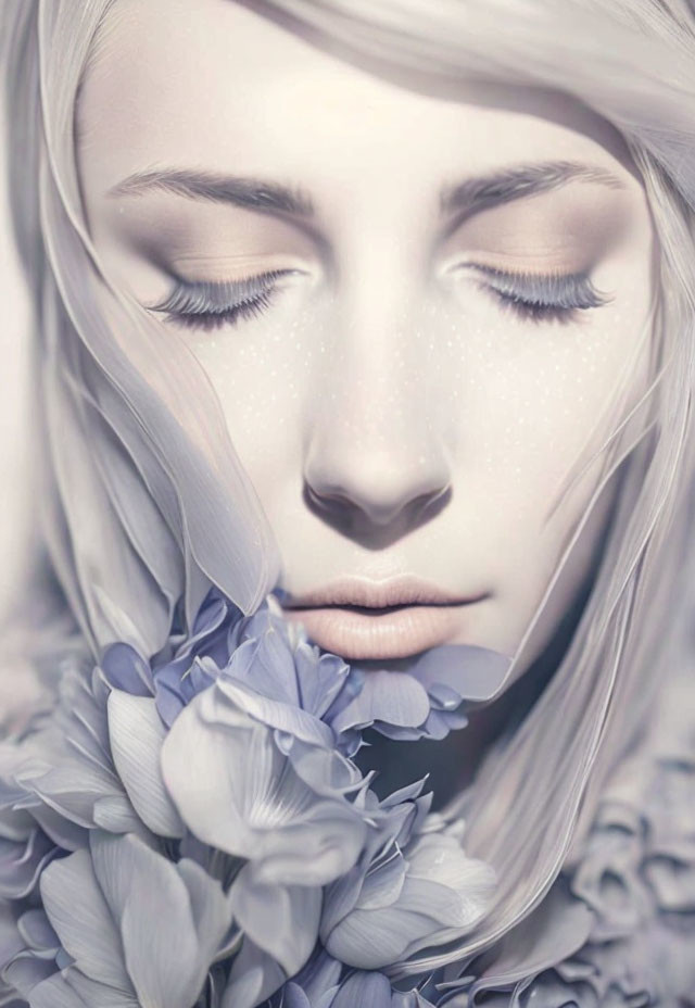 Portrait of a woman with closed eyes and pale blue flowers, evoking a serene atmosphere