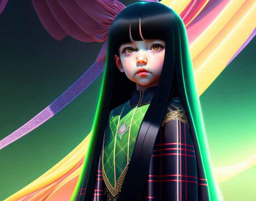 Illustration of girl with black hair and yellow eyes in tartan outfit with flowing ribbons on green