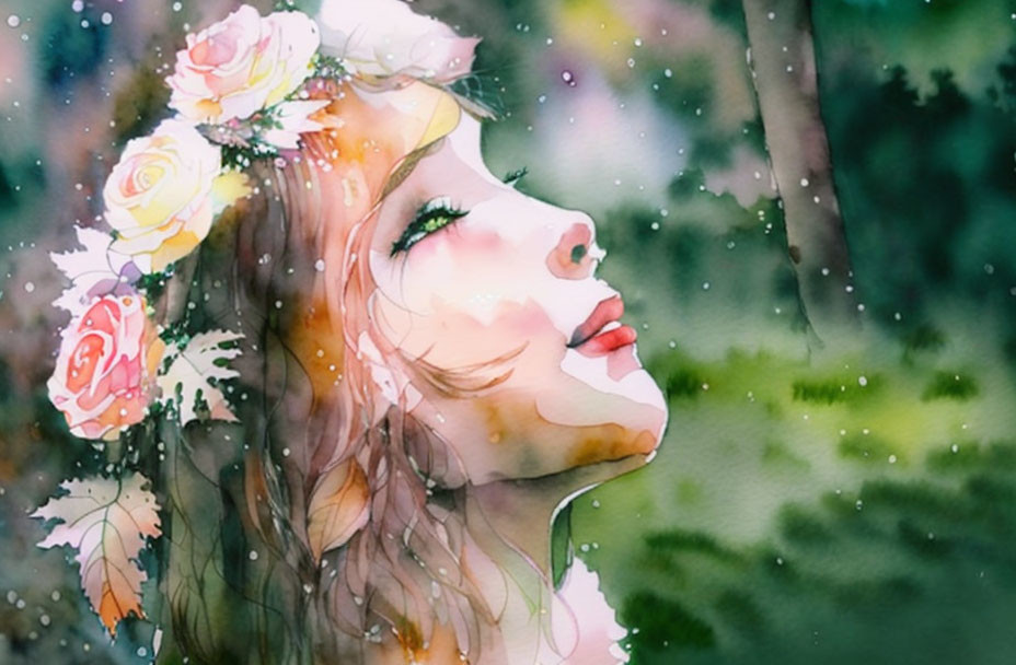 Whimsical woman with floral headband in lush greenery and raindrops