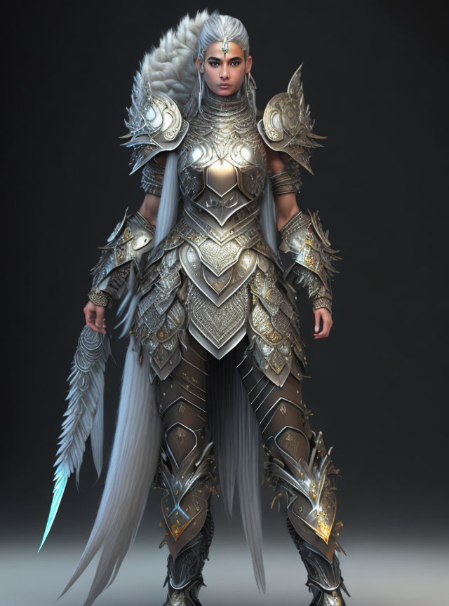 Warrior woman in silver and gold armor with plumed helmet and sword