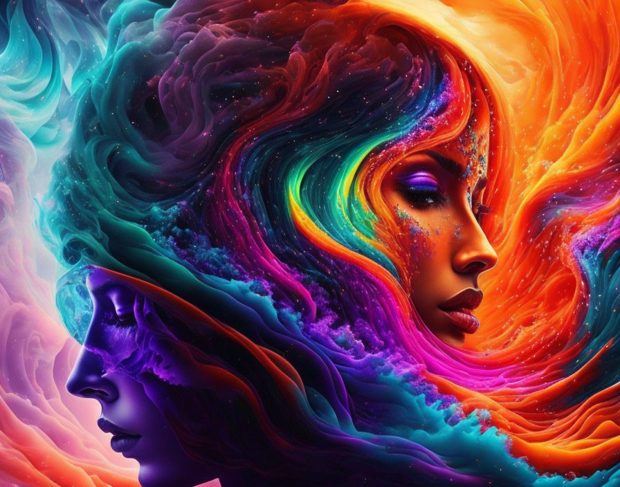 Colorful digital artwork: Faces blend in cosmic swirl