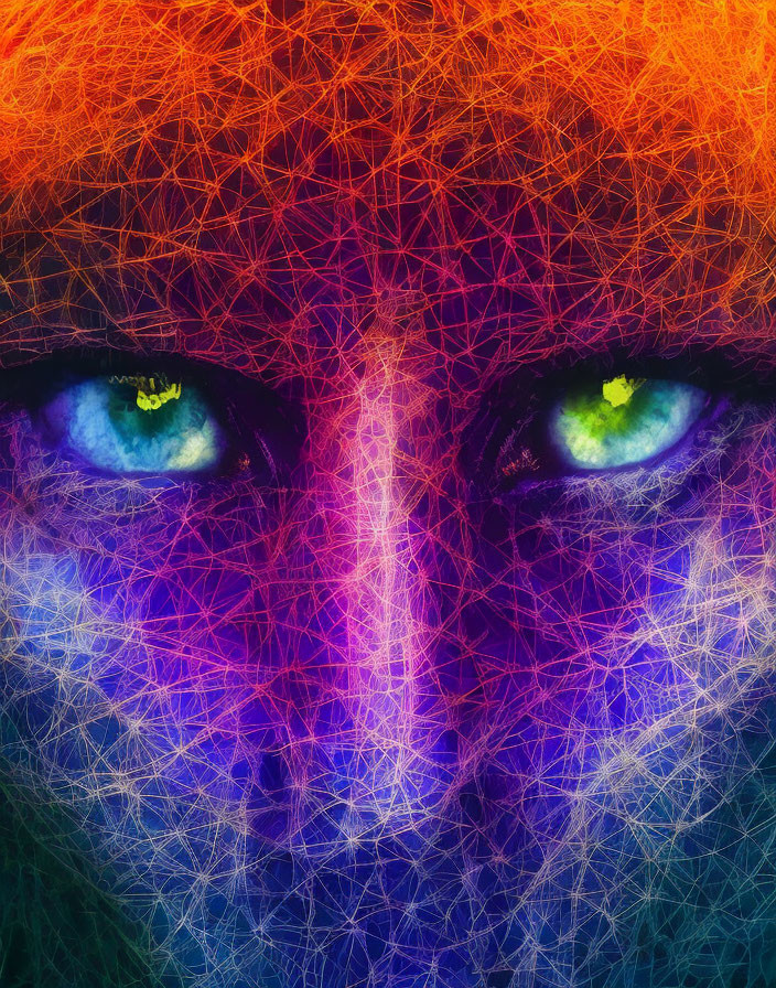 Neon-colored fractal patterns overlaying intense gaze