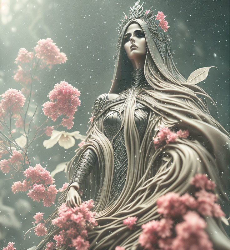 Mystical woman with crown in blooming flower setting