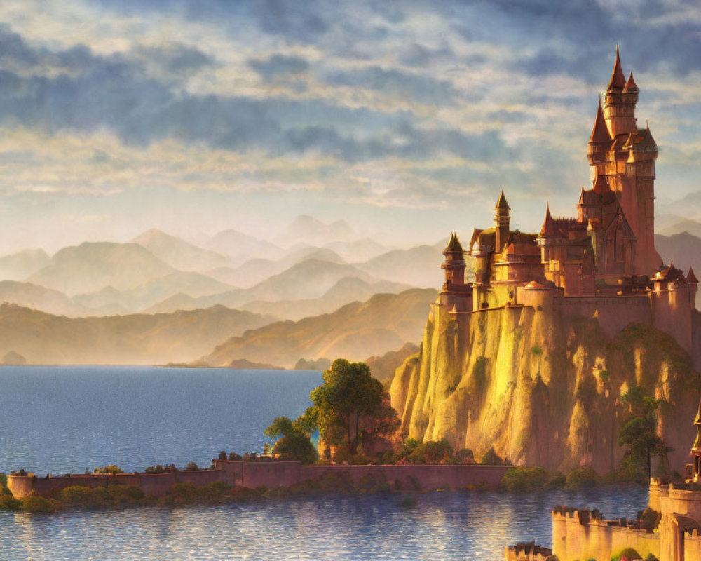 Majestic castle on lakeside cliff at sunset with mountain reflections