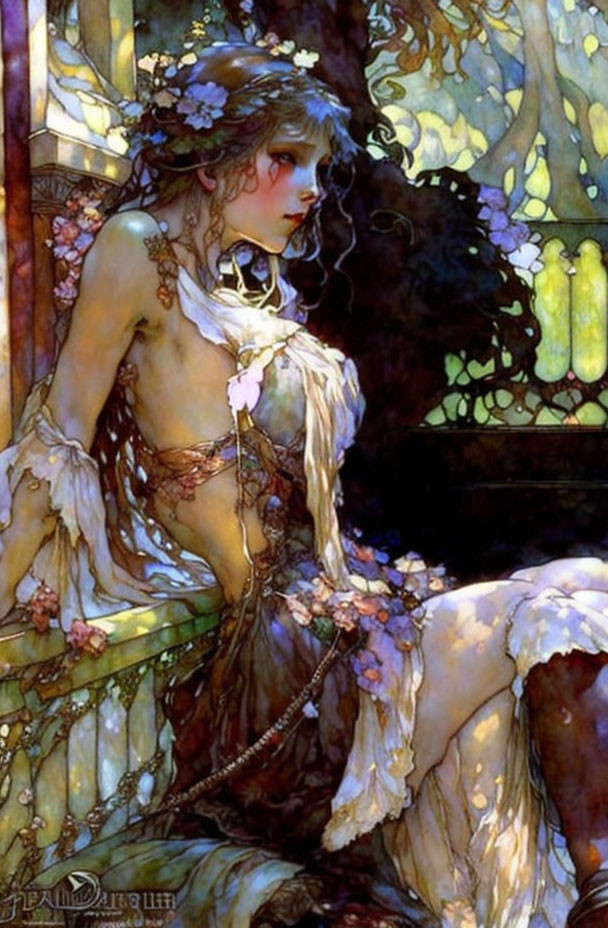 Fantasy maiden with flowers in hair in stained glass setting