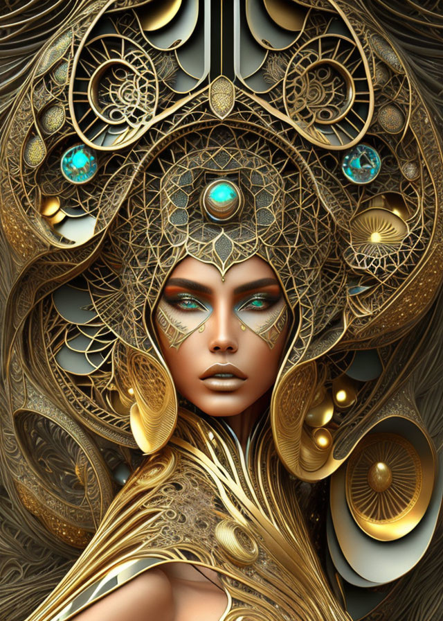 Symmetrical digital artwork of woman with golden headdress & turquoise gems