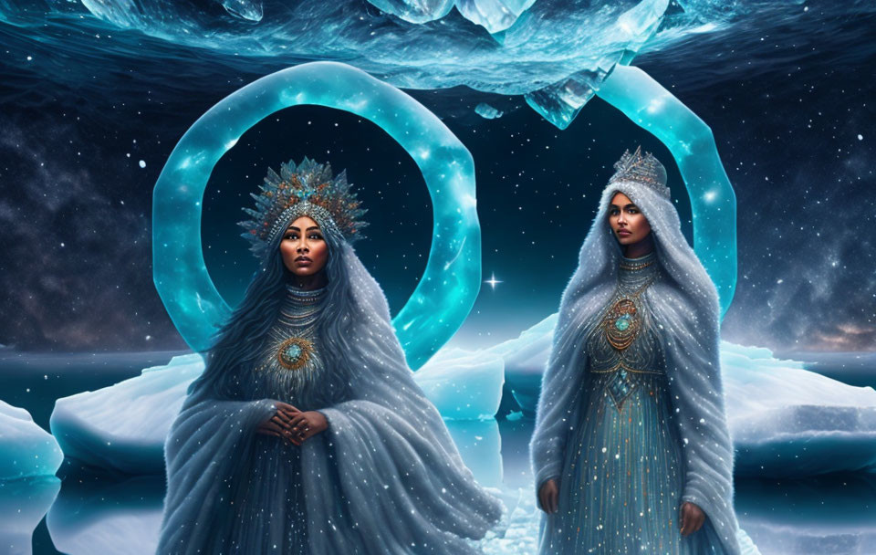 Regal figures in ornate attire amidst glowing ice rings and starry sky