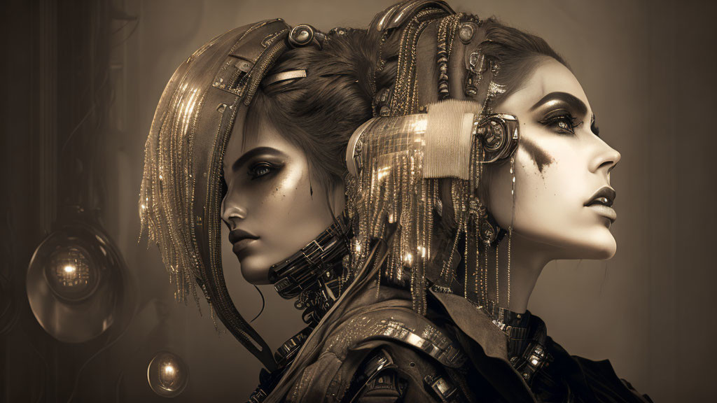 Futuristic cyborg women with mechanical details and elegant makeup in sepia-toned portrait