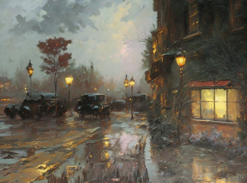 Vintage cars and glowing street lamps in rainy evening oil painting