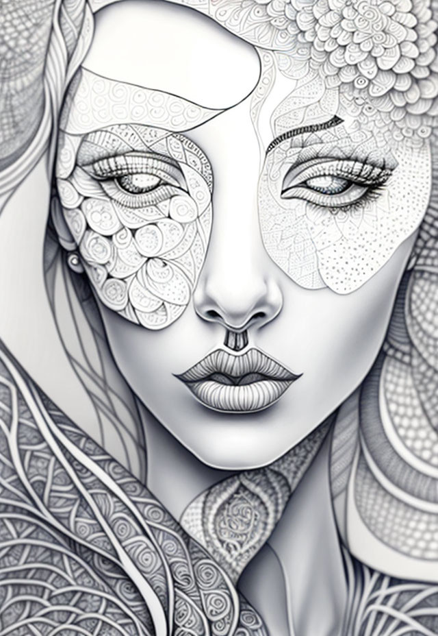 Monochromatic digital artwork: Woman's face with intricate symmetrical patterns.