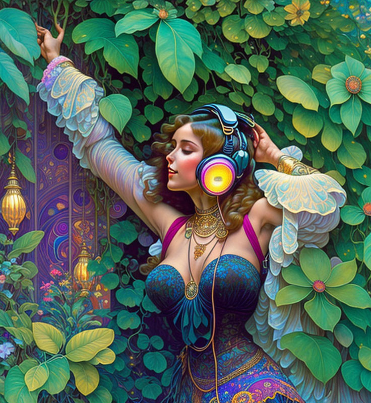 Winged woman with vibrant makeup in lush foliage scene