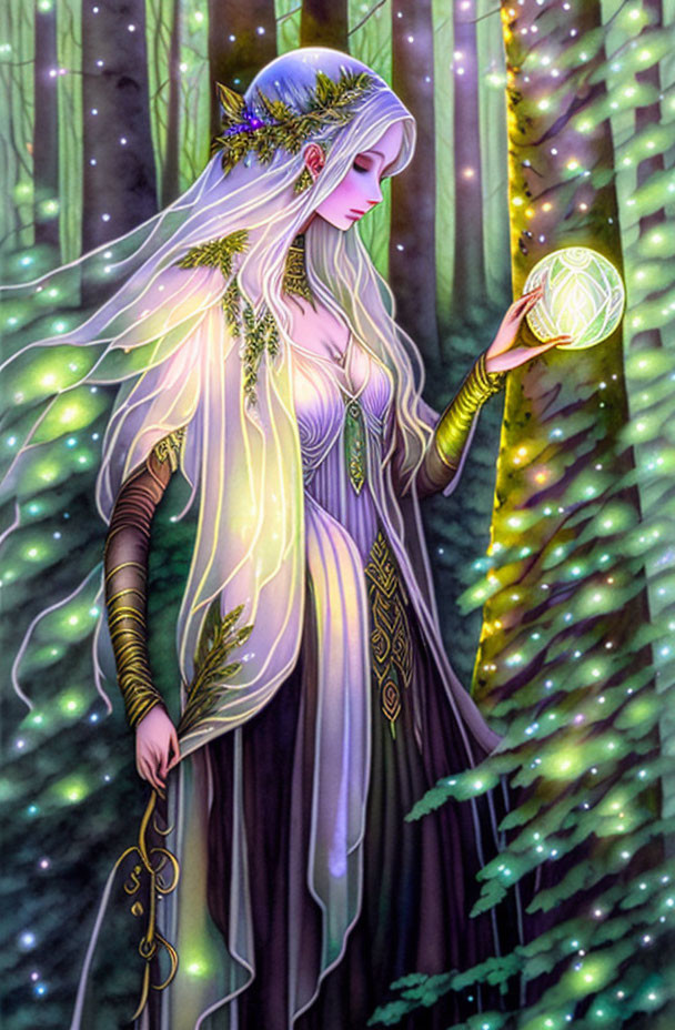 Ethereal female figure with white hair holding glowing orb in mystical forest