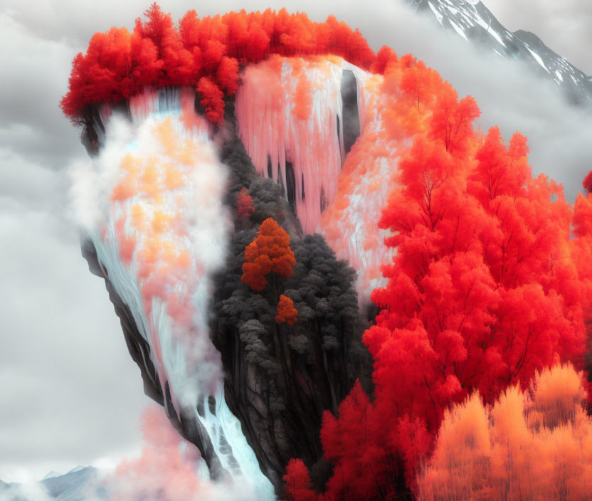 Surreal waterfall scene with red foliage and misty mountains