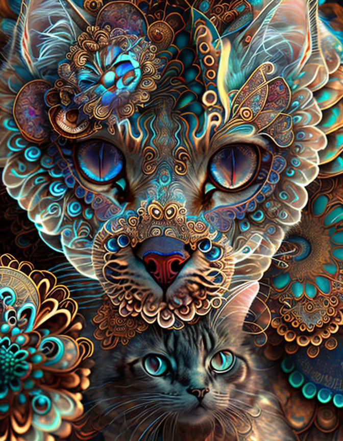 Intricate digital artwork: Layered feline faces in blue, orange, and brown